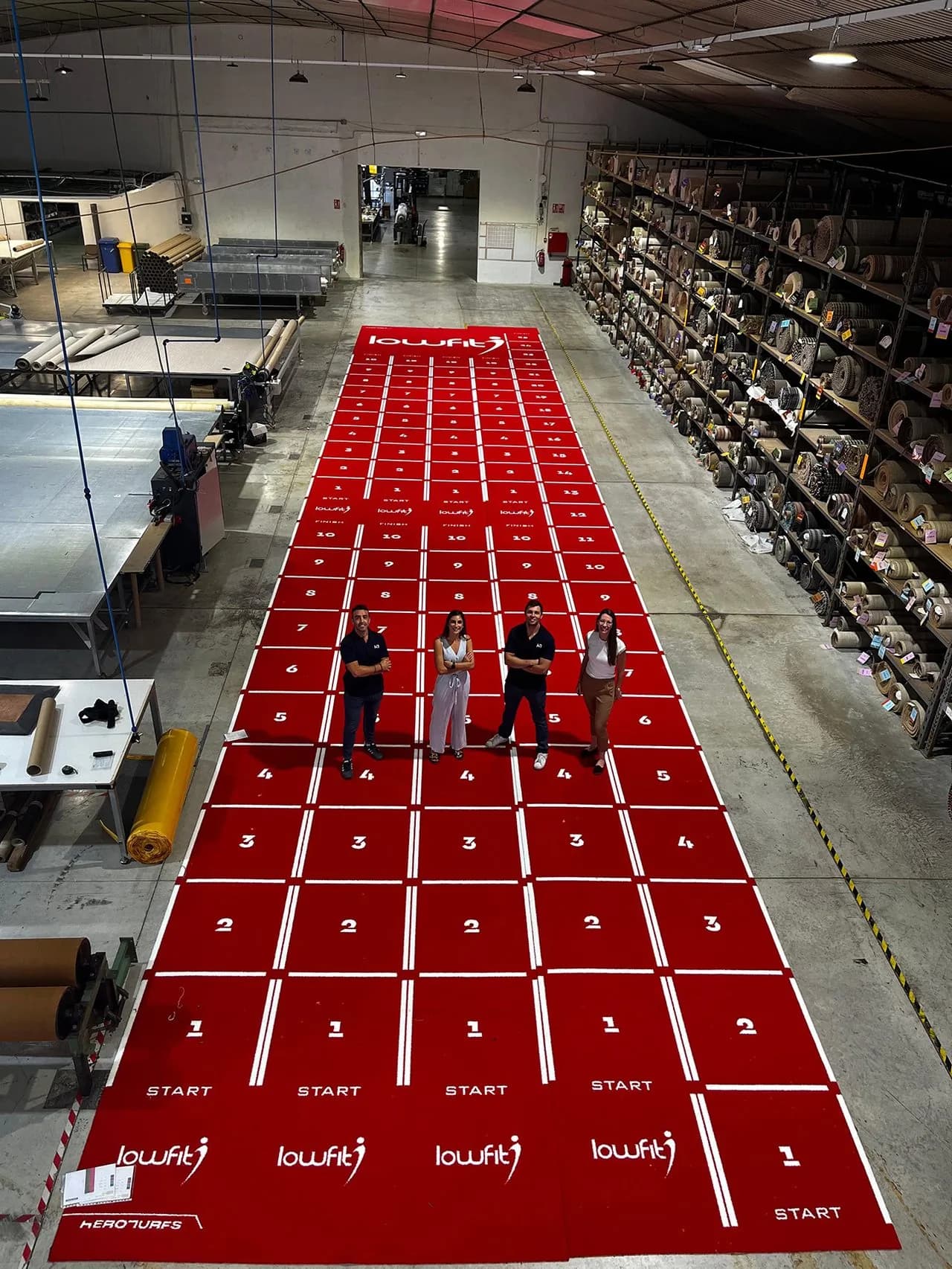 Heroturfs team on a red sled track inside the warehouse